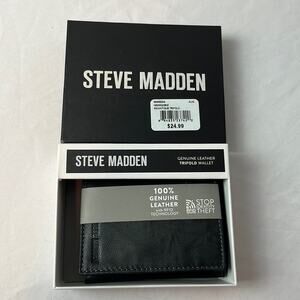 Steve Madden Genuine Leather Trifold Wallet Black 4”x3”